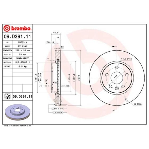 Bremsscheibe BREMBO 09.D391.11 PRIME LINE - UV Coated OPEL VAUXHALL CHEVROLET