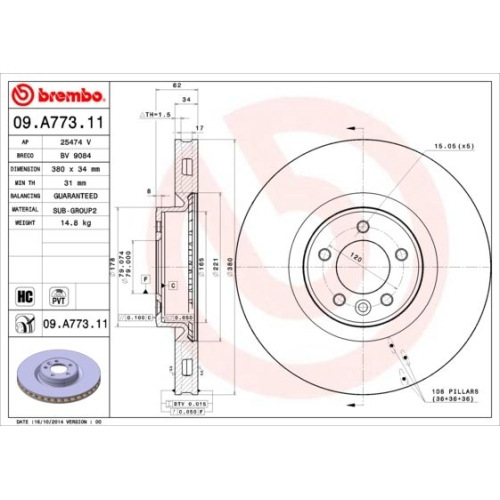 Bremsscheibe BREMBO 09.A773.11 PRIME LINE - UV Coated LAND ROVER