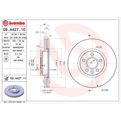 Bremsscheibe BREMBO 09.A427.11 PRIME LINE - UV Coated FORD VOLVO LAND ROVER
