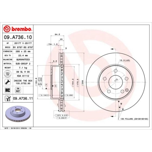 Bremsscheibe BREMBO 09.A736.11 PRIME LINE - UV Coated MERCEDES-BENZ