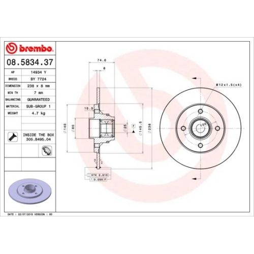 Bremsscheibe BREMBO 08.5834.37 PRIME LINE - With Bearing Kit RENAULT