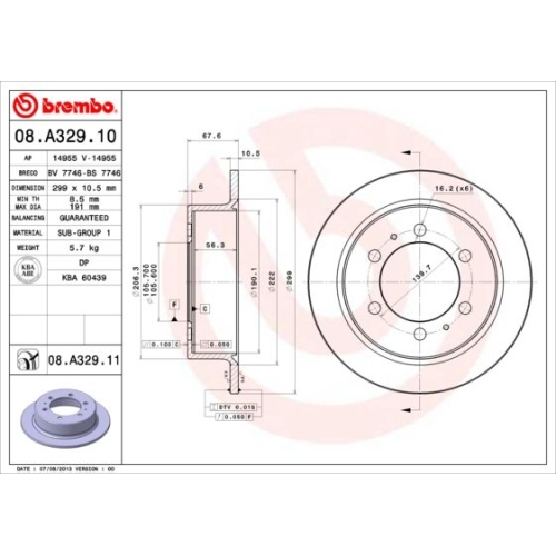 2 Brake Disc BREMBO 08.A329.11 PRIME LINE - UV Coated SSANGYONG DAEWOO
