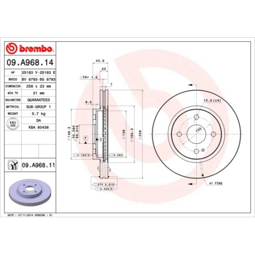 Bremsscheibe BREMBO 09.A968.11 COATED DISC LINE MAZDA