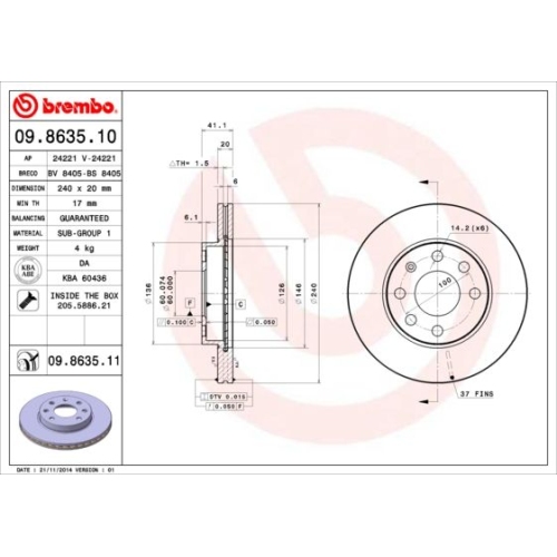 Bremsscheibe BREMBO 09.8635.11 COATED DISC LINE OPEL VAUXHALL