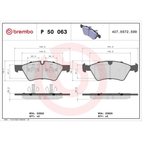 4 Brake Pad Set, disc brake BREMBO P 50 063 PRIME LINE MERCEDES-BENZ