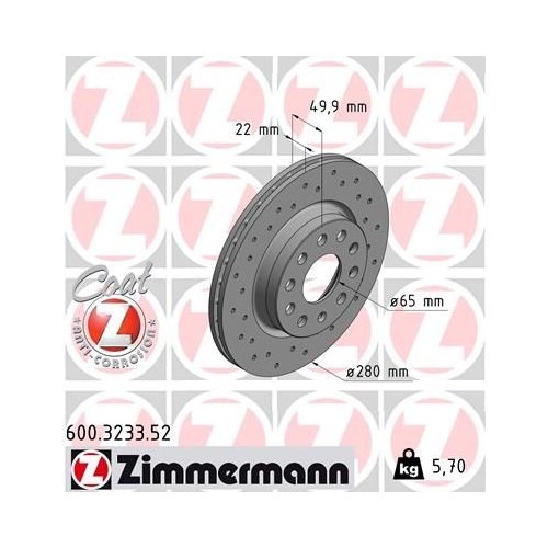 2 Brake Disc ZIMMERMANN 600.3233.52 SPORT BRAKE DISC COAT Z VAG VW (FAW)