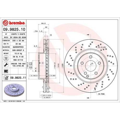 1 Brake Disc BREMBO 09.9825.11 PRIME LINE - UV Coated MERCEDES-BENZ