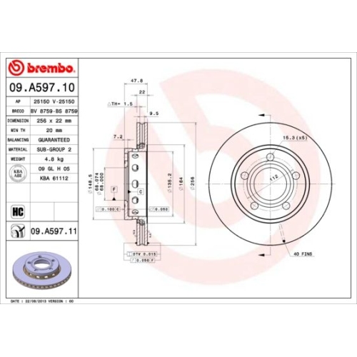 Bremsscheibe BREMBO 09.A597.11 PRIME LINE - UV Coated AUDI