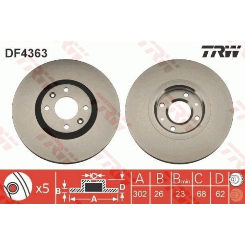 2 Brake Disc TRW DF4363 CITROËN PEUGEOT DS