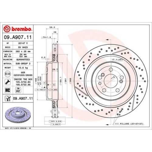 Bremsscheibe BREMBO 09.A907.11 PRIME LINE - UV Coated MERCEDES-BENZ