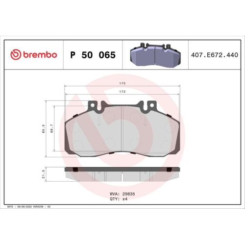 4 Brake Pad Set, disc brake BREMBO P 50 065 PRIME LINE MERCEDES-BENZ