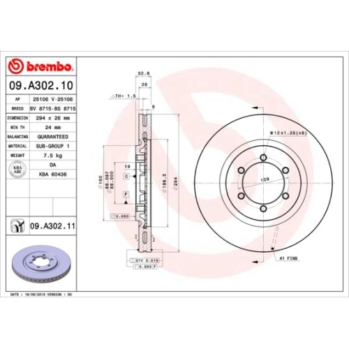 Bremsscheibe BREMBO 09.A302.11 PRIME LINE - UV Coated SSANGYONG