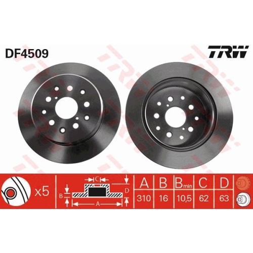2 Brake Disc TRW DF4509 TOYOTA LEXUS