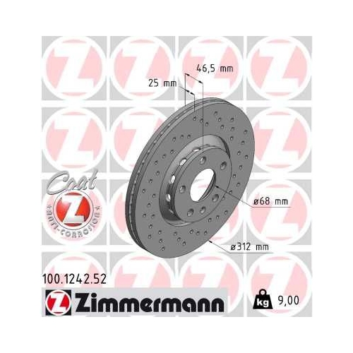 2 Brake Disc ZIMMERMANN 100.1242.52 SPORT BRAKE DISC COAT Z VAG AUDI (FAW)