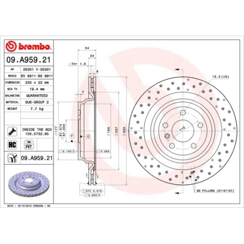 Bremsscheibe BREMBO 09.A959.21 PRIME LINE - UV Coated MERCEDES-BENZ