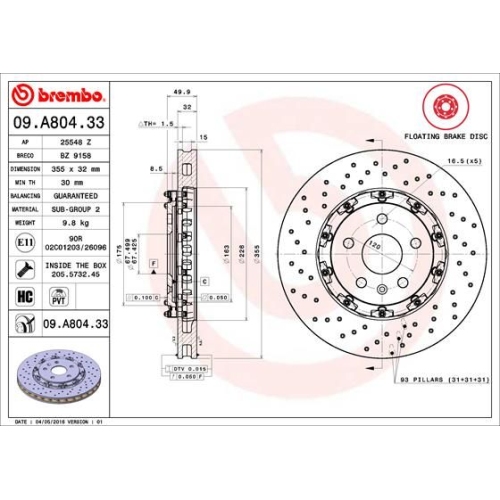 1 Brake Disc BREMBO 09.A804.33 PRIME LINE - Floating OPEL SAAB VAUXHALL