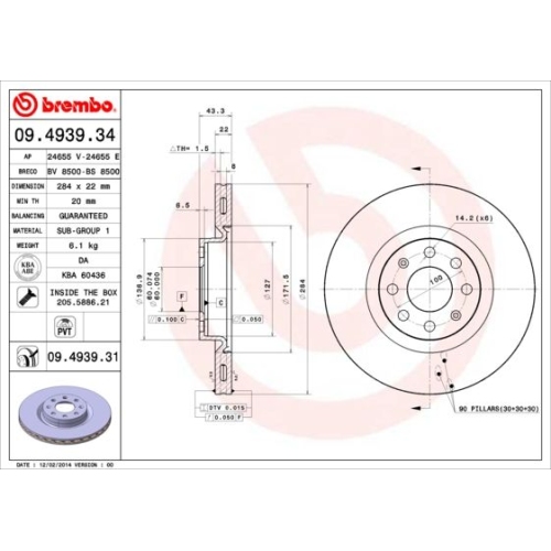 Bremsscheibe BREMBO 09.4939.31 PRIME LINE - UV Coated FIAT OPEL VAUXHALL