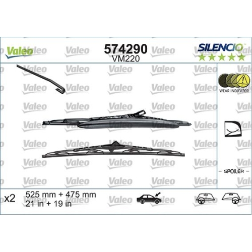 1 Wiper Blade VALEO 574290 SILENCIO CONVENTIONAL SET AUDI SEAT SKODA VW