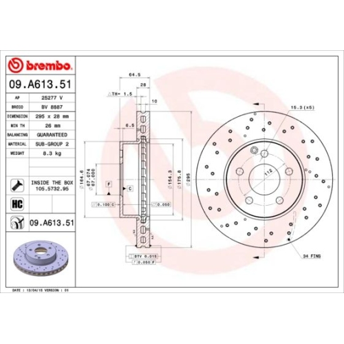 Bremsscheibe BREMBO 09.A613.51 PRIME LINE - UV Coated MERCEDES-BENZ