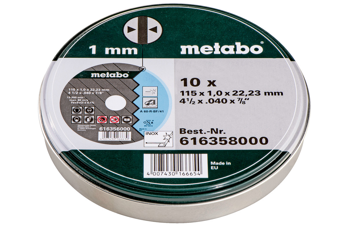 METABO Satz=10xcutting discs "SP" 115x1,0x22,23 Inox, TF 41 , in tin can (616358000) 616358000