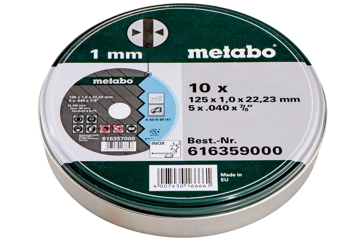 METABO Satz=10xcutting discs "SP" 125x1,0x22,23 Inox, TF 41 , in tin can (616359000) 616359000