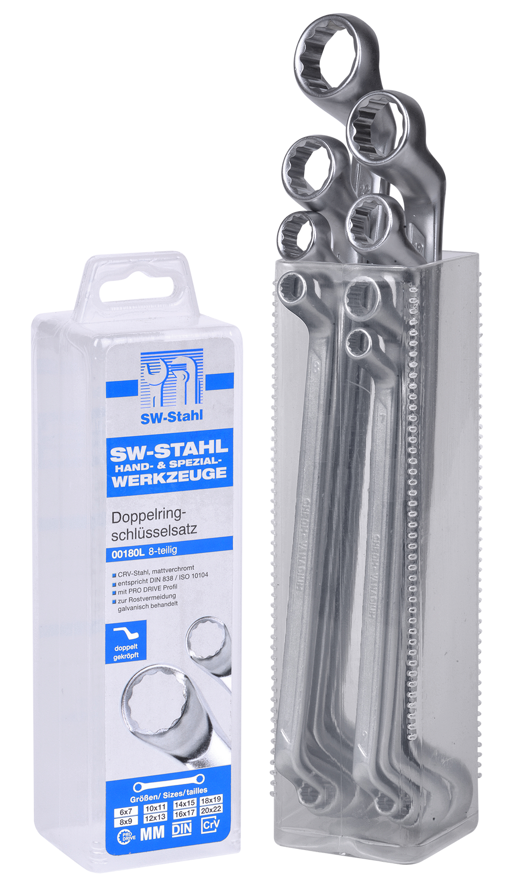 SWSTAHL Metric double-ring spanner set, DIN 838, cranked 00180L
